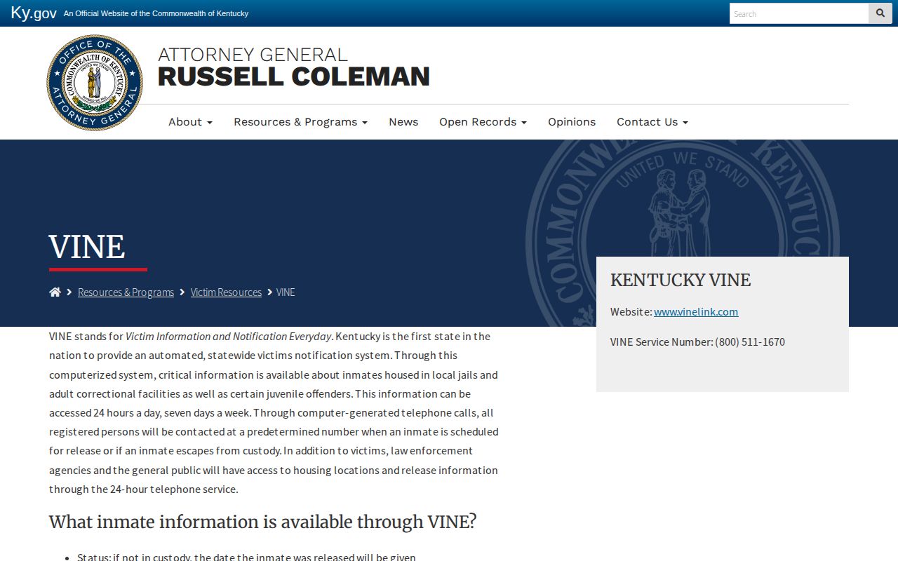 Kentucky Attorney General VINE release notification guidance