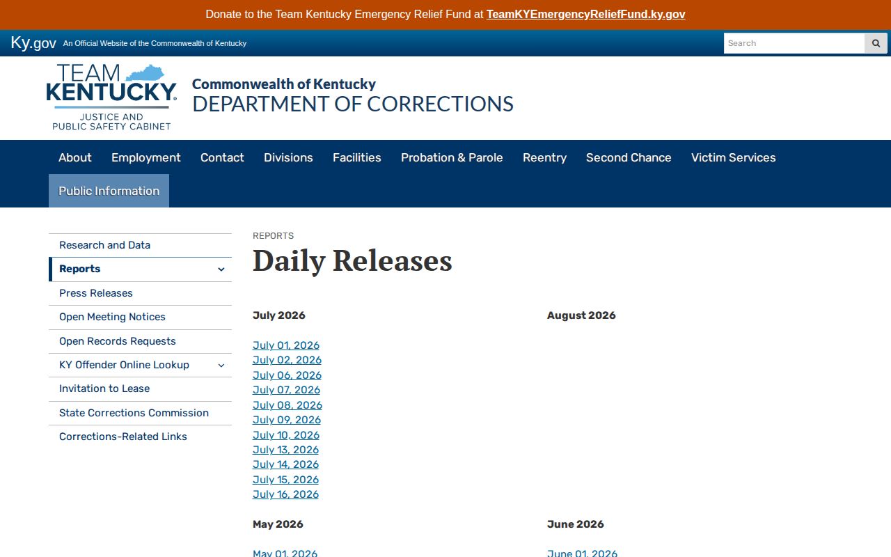 Kentucky Department of Corrections Daily Releases archive
