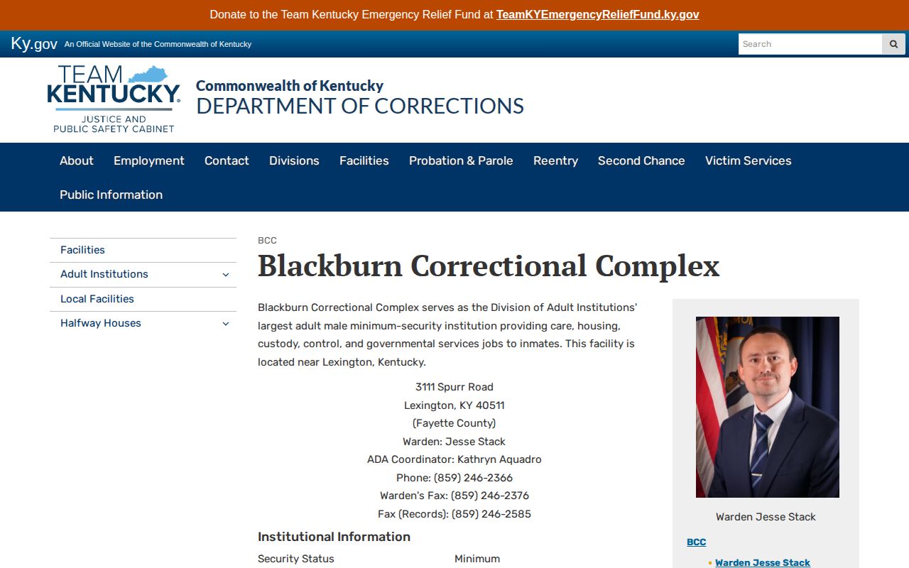 Blackburn Correctional Complex official release and contact page